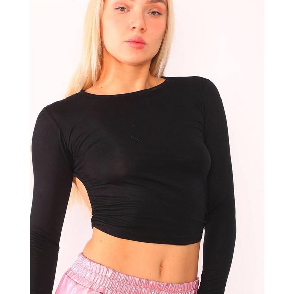 U-Wear Women’s Open Back Long Sleeve Blouse Top, Black, Medium
