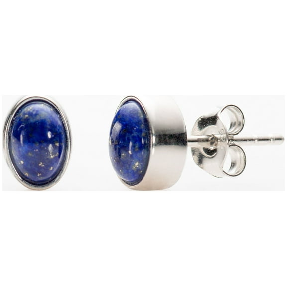 U! Woman's .925 Sterling Silver, 4x6 mm, 1.00 Cttw Bezel Set, Oval Natural, Genuine Lapis Stud Earrings