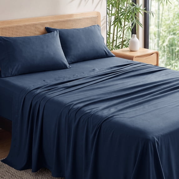 U by Bedsure 100% Rayon Derived from Bamboo King Sheet Set, 4 Piece Cooling 16" Deep Pocket Soft Bed Sheets, Navy