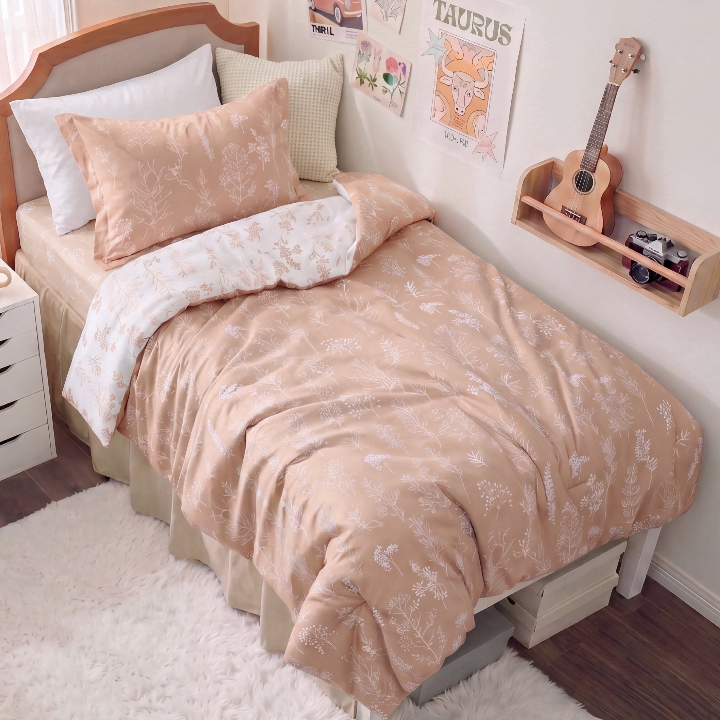 U Bedsure U by Bedsure Pink Comforter Sets Twin, 2 Pieces Dusty Rose Floral Bedding 1 Soft Reversible Botanical Flowers College Dorm Comforter and 1 Pillow Sham, Twin Size Bedding Set for Girls