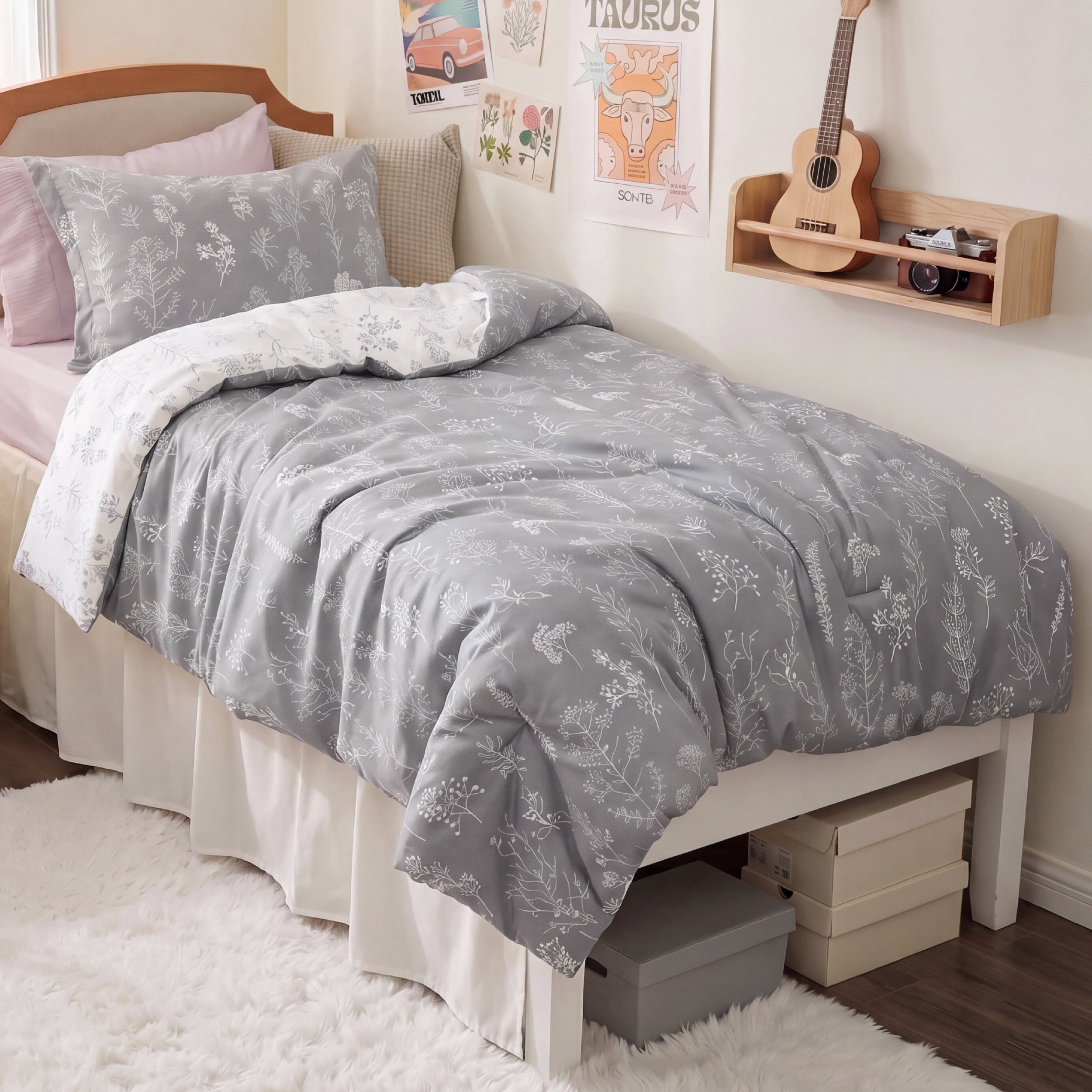 U by Bedsure 2 Pieces Grey Twin Size Comforter Sets, Extra Long Twin-XL Cute Flowers Botanical Lightweight College Dorm Soft Bedding Set With 1 Pillow Sham