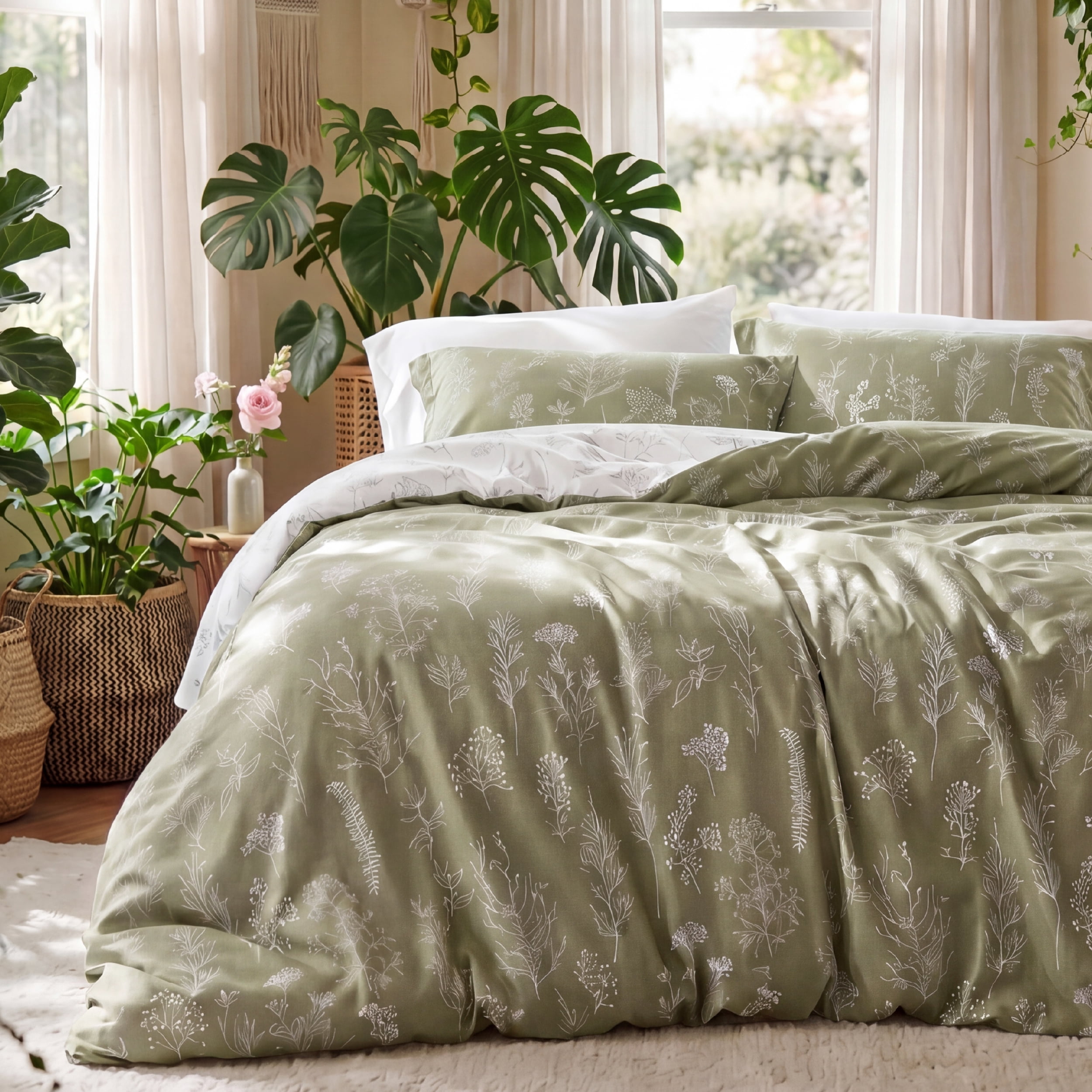 U Bedsure U by Bedsure Comforter Sets Twin, Dorm Essentials Bedding Set, Olive Green College Bedding Set Twin Size, 2 Pieces Cute Soft Floral Bedding