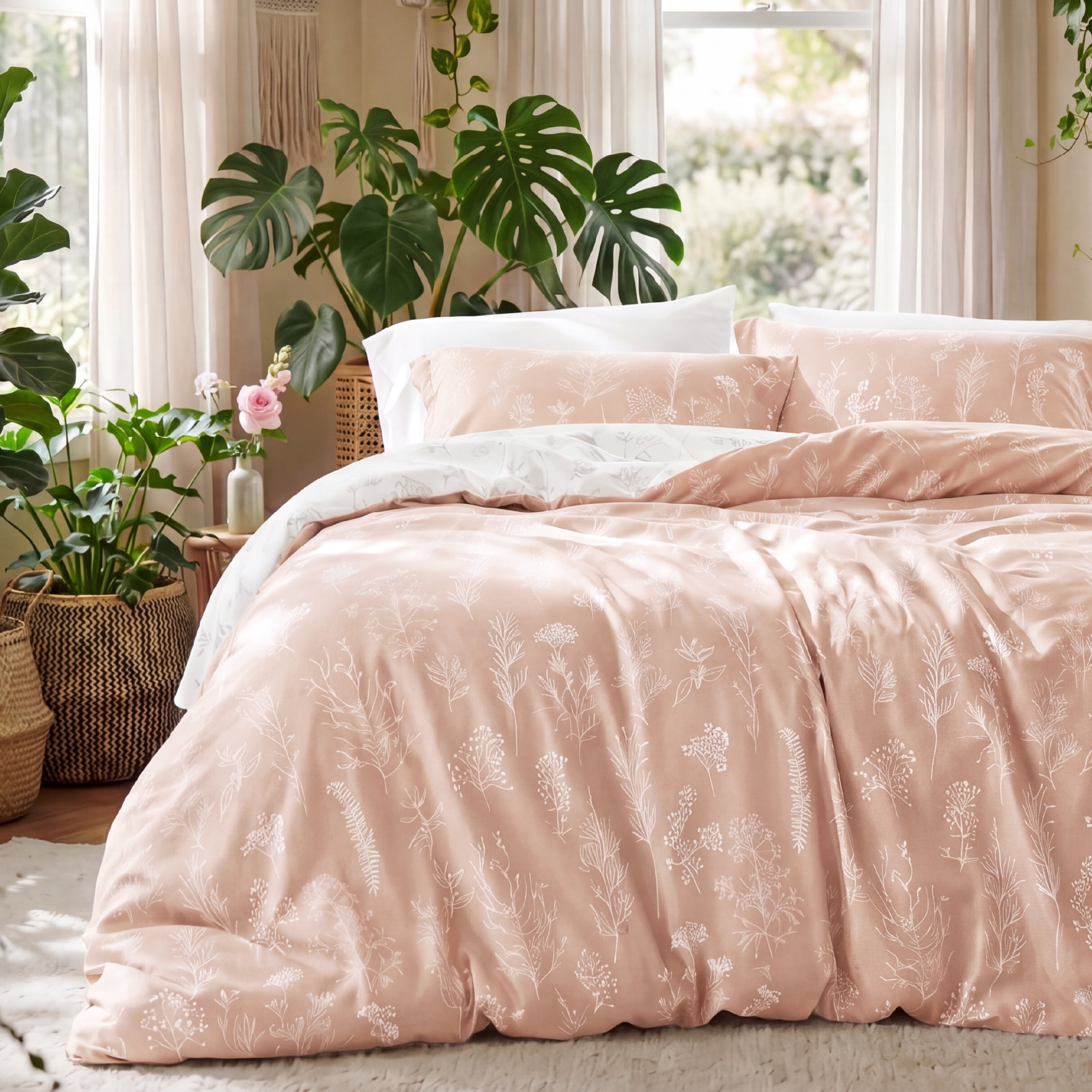 U by Bedsure 3 Pieces Dusty Rose Floral Comforter Sets, 1 Soft Reversible Botanical Flowers Comforter and 2 Pillow Shams, Queen Size