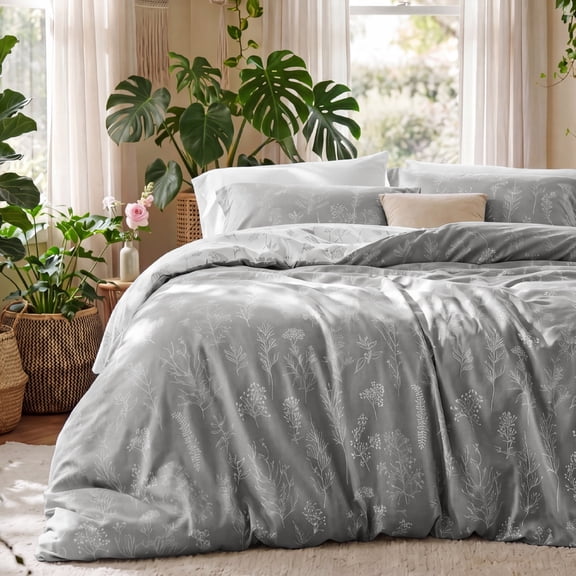 U by Bedsure 3 Pieces Grey King Size Comforter Sets, Cute Flowers Botanical Lightweight Soft Bedding Set with 2 Pillow Shams