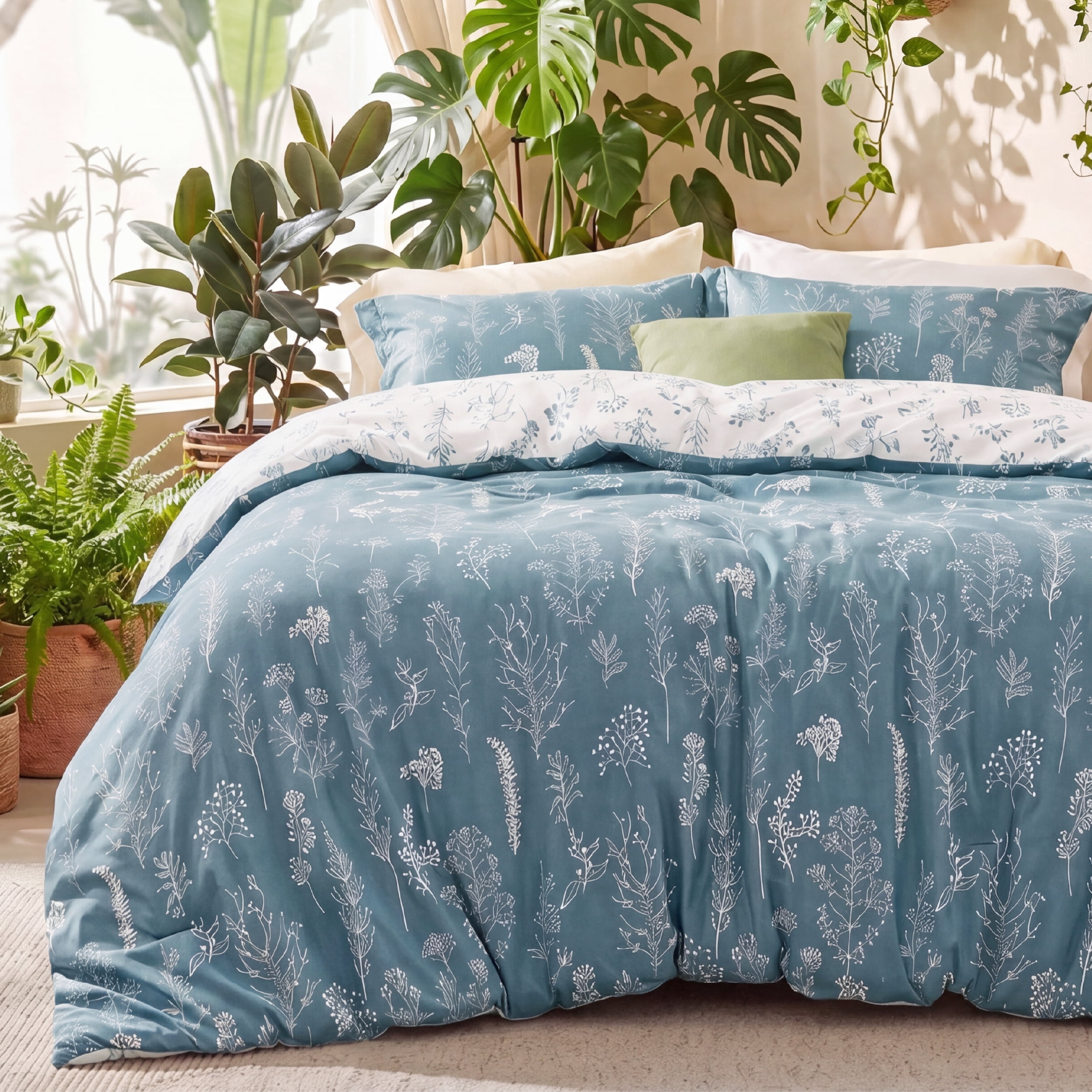 U Bedsure U by Bedsure 3 Pieces Blue Full Size Comforter Sets, Cute Flowers Botanical Lightweight Soft Bedding Set with 2 Pillow Shams