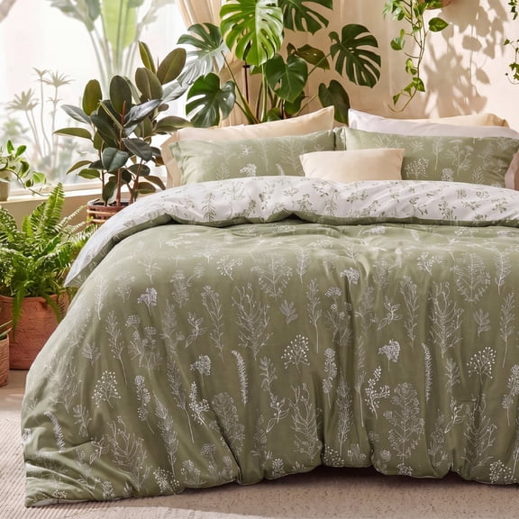 U by Bedsure 3 Pieces Olive Green Floral Comforter Sets, 1 Soft Reversible Botanical Flowers Comforter and 2 Pillow Shams, Queen Size