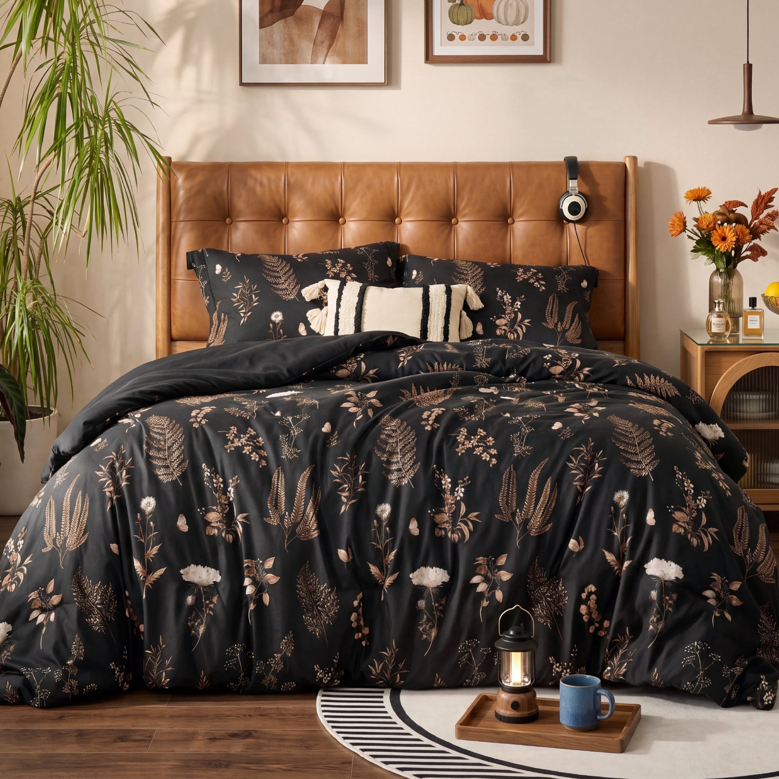 U Bedsure U by Bedsure Cute Black Comforter Set 3 Pieces Queen Size Floral Comforter Sets, Boho Bedding for All Seasons, Soft Breathable Reversible Botanical Flowers Comforter with 2 Pillow Shams