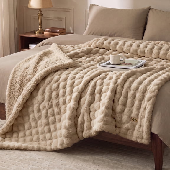 U by Bedsure Bubble Fleece Sherpa Throw blanket, Double Layer Jacquard Soft Plush Throw for Bed Couch, Warm Soft Cozy, Machine Washable 50x60,Doeskin