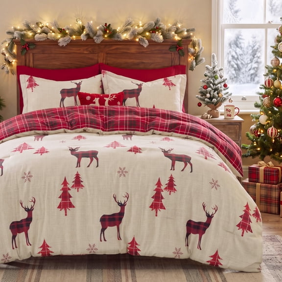 U by Bedsure Christmas Comforter Set Queen, Red Bed Set with Reindeer, 3 Pieces Soft Bedding Sets for Holiday