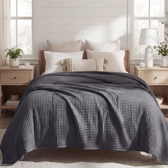 U by Bedsure Cooling Cotton Waffle Queen Size Blanket - Lightweight Breathable Summer Blanket of Rayon Derived from Bamboo for Hot Sleepers, Dark Grey, 90x90 inches