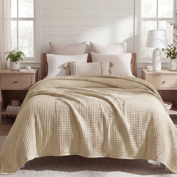 U by Bedsure Cooling Cotton Waffle Breathable Rayon Derived from Bamboo King Blanket,Warm Taupe,104x90 inches