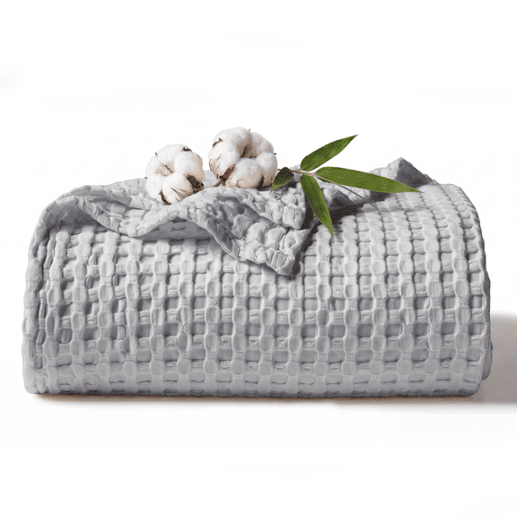 U by Bedsure Cooling Cotton Waffle King Size Blanket - Lightweight Breathable Summer Blanket of Rayon Derived from Bamboo for Hot Sleepers, Grey, 104x90 inches
