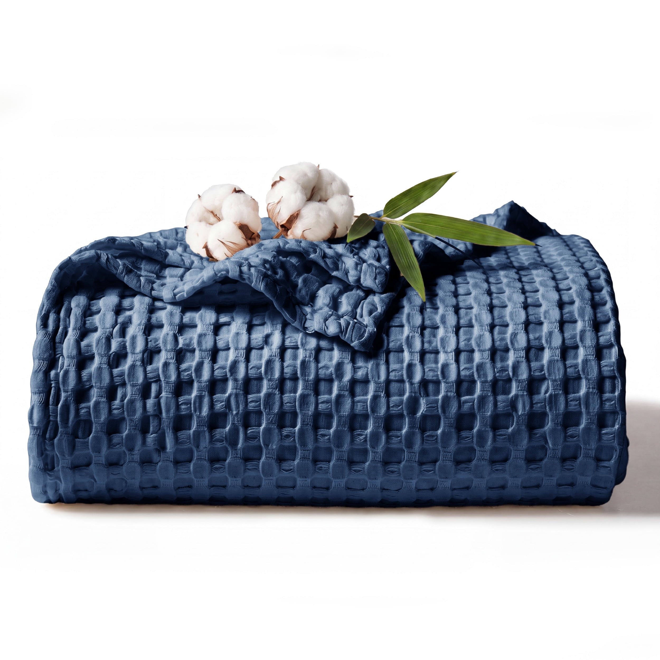 U Bedsure U by Bedsure Cooling Cotton Waffle King Size Blanket - Lightweight Breathable Blanket of Rayon Derived from Bamboo for Hot Sleepers, Luxury Throws for Bed, Couch and Sofa, Navy, 104x90 inches