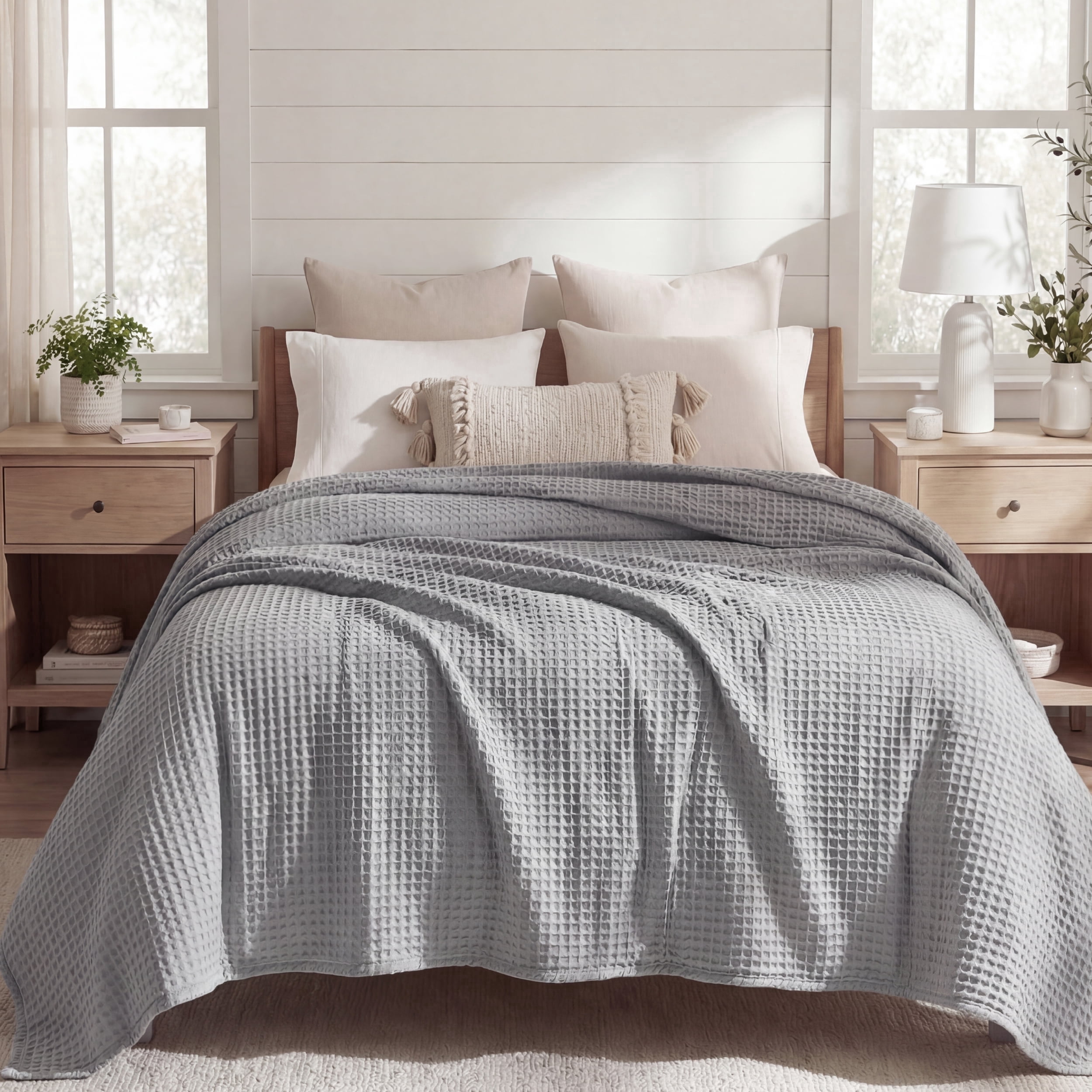 U Bedsure U by Bedsure Cooling Cotton Waffle Queen Size Blanket -Lightweight Breathable Blanket of Rayon Derived from Bamboo for Hot Sleepers, Grey, 90x90 inches
