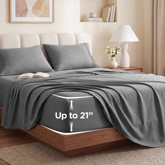 U by Bedsure Extra Deep Pocket King Sheets Set, Fits 18"-21" Mattresses, 4 Piece Soft Moisture Wicking Microfiber Bed Sheets, Dark Gray