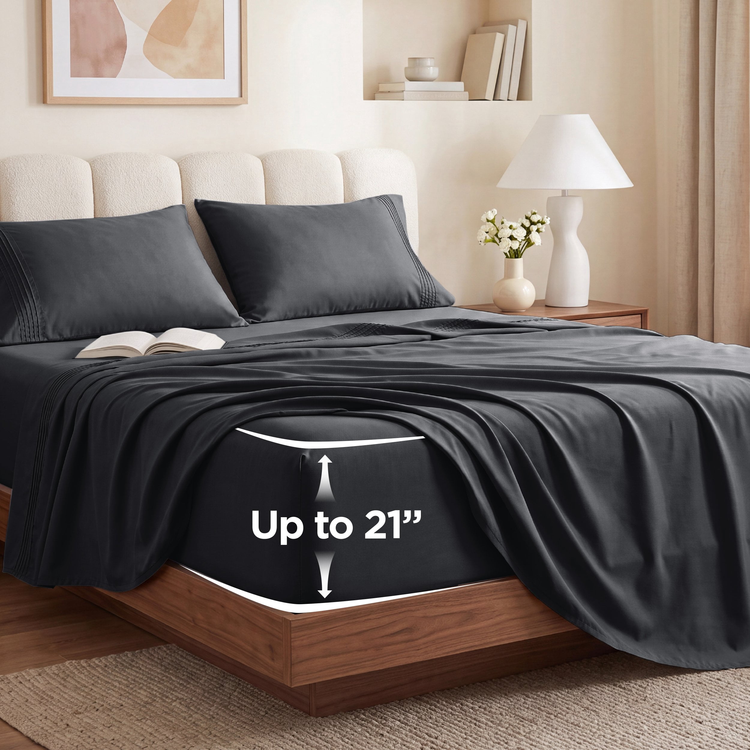 U Bedsure U by Bedsure Extra Deep Pocket Queen Sheets Set, Fits 18"-21" Mattresses, 4 Piece Soft Moisture Wicking Microfiber Bed Sheets, Black
