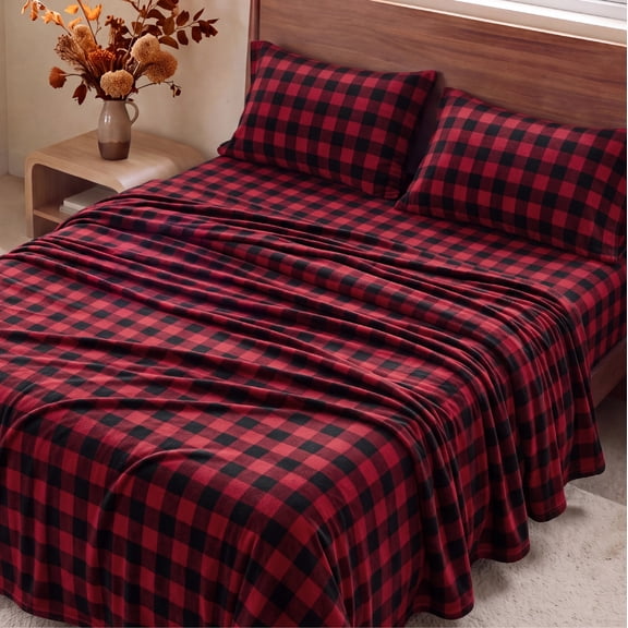 U by Bedsure Flannel Fleece Queen Sheets Set, 4 Pieces Deep Pockets Anti-Static Warm Bed Sheets, Buffalo Red Black