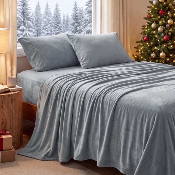 U by Bedsure Flannel Fleece Queen Sheets Set, 4 Pieces Deep Pockets Anti-Static Warm Bed Sheets, Gray