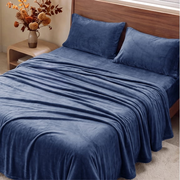 U by Bedsure Flannel Fleece Queen Sheets Set, 4 Pieces Deep Pockets Anti-Static Warm Bed Sheets, Navy