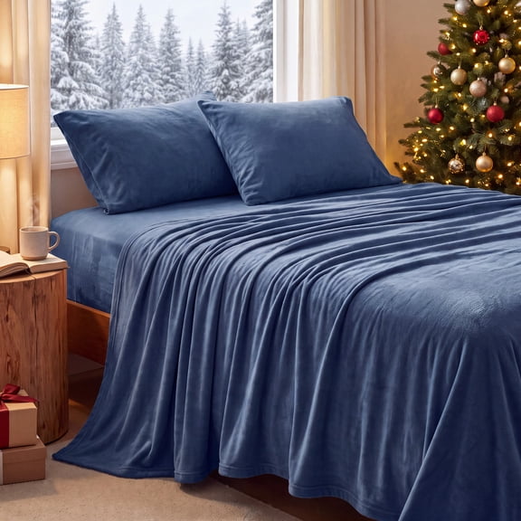 U by Bedsure Flannel Fleece Queen Sheets Set, 4 Pieces Deep Pockets Anti-Static Warm Bed Sheets, Navy