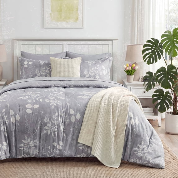 U by Bedsure Full Comforter Set Grey, Bed in a Bag Full Size Bedding, 7-Pieces Botanical Flowers Spring Comforter, Sheets, Pillowcases & Shams