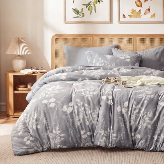 U by Bedsure Full Comforter Set Grey, Bed in a Bag Full Size Bedding, 7-Pieces Botanical Flowers Spring Comforter, Sheets, Pillowcases & Shams