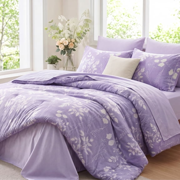 U by Bedsure Full Comforter Set Lavender, Bed in a Bag Full Size Bedding Purple, 7-Pieces Botanical Flowers Spring Comforter, Sheets, Pillowcases & Shams