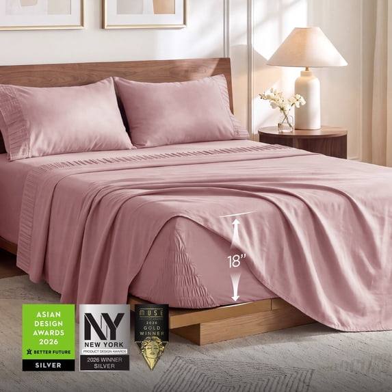 U by Bedsure Stay Put Full Sheet Sets, 4 Piece 18" Deep Pockets Non-Slip Polyester Microfiber Bed Sheets, Pink