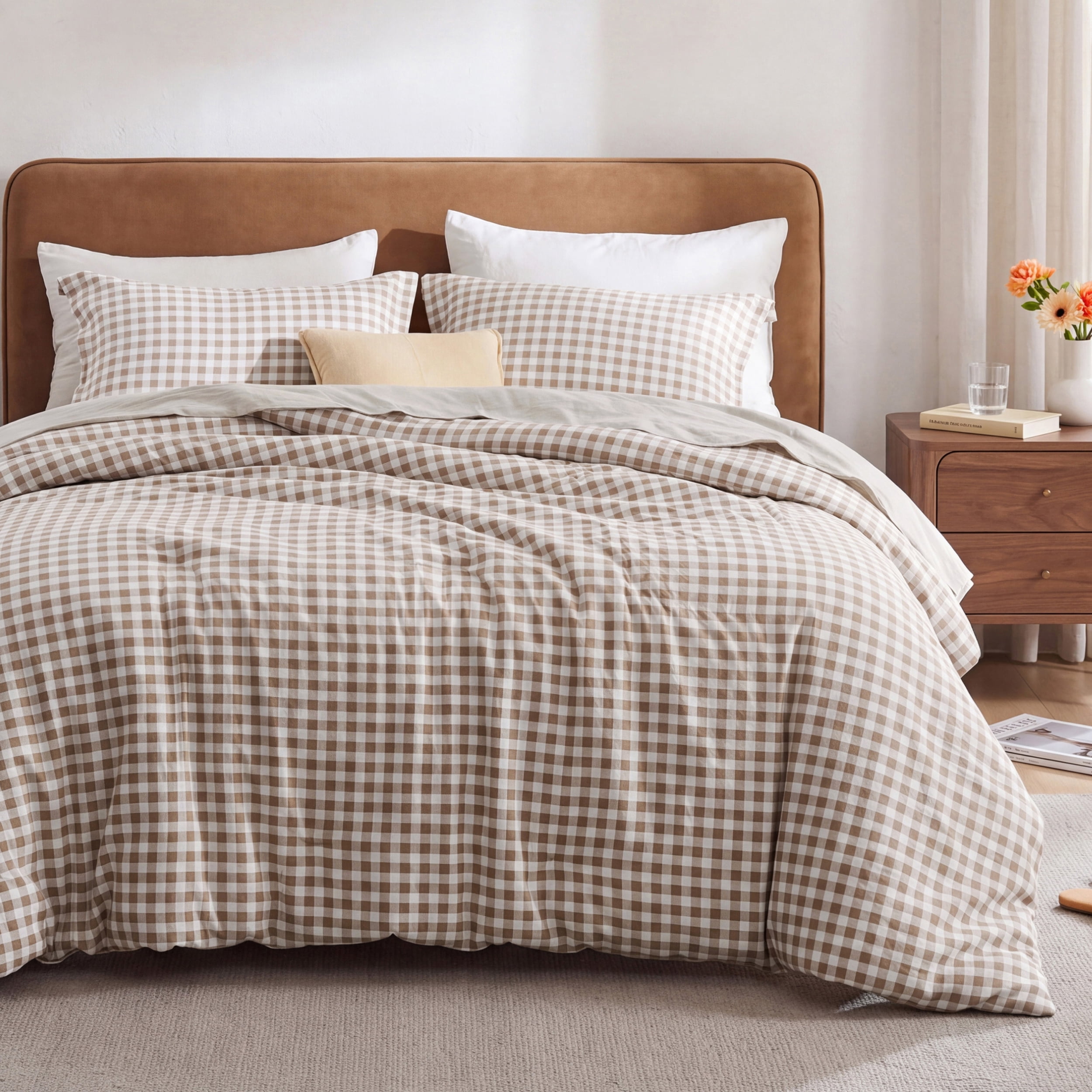 U Bedsure U by Bedsure Tan Gingham Comforter Set King Size, 1 Comforter and 2 Pillowcases, 3 Pieces Solid Farmhouse Shabby Chic Bed, Vintage Rustic Soft Bedding Set