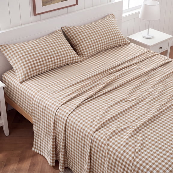 U by Bedsure Gingham Queen Sheets, 4 Pieces 16" Deep Pockets Soft Prewashed Microfiber Plaid Bed Sheets Set, Brown