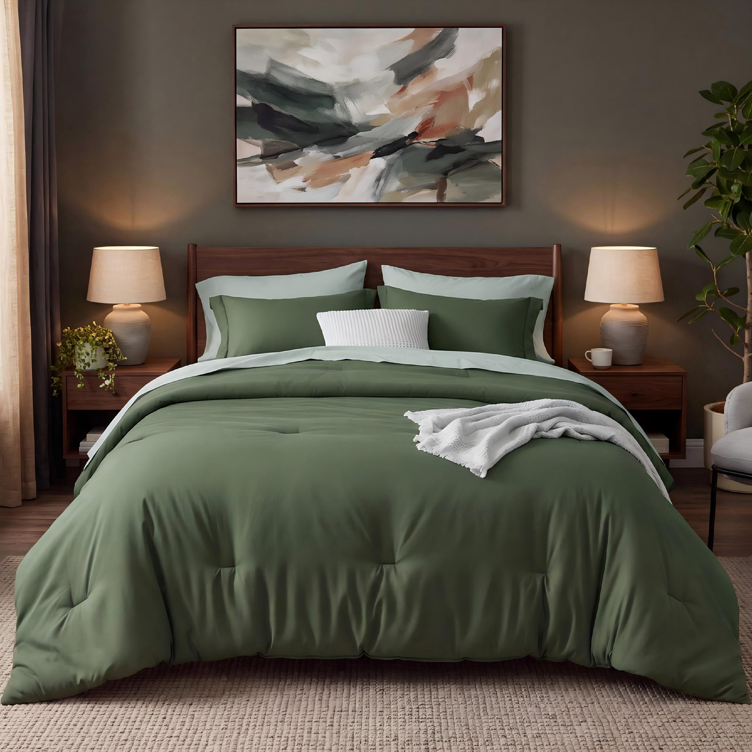 U Bedsure U by Bedsure King Comforter Set Olive Green, 7 Pieces Reversible Bed in a Bag, Boho Lightweight Bedding Set, Contrasting Design
