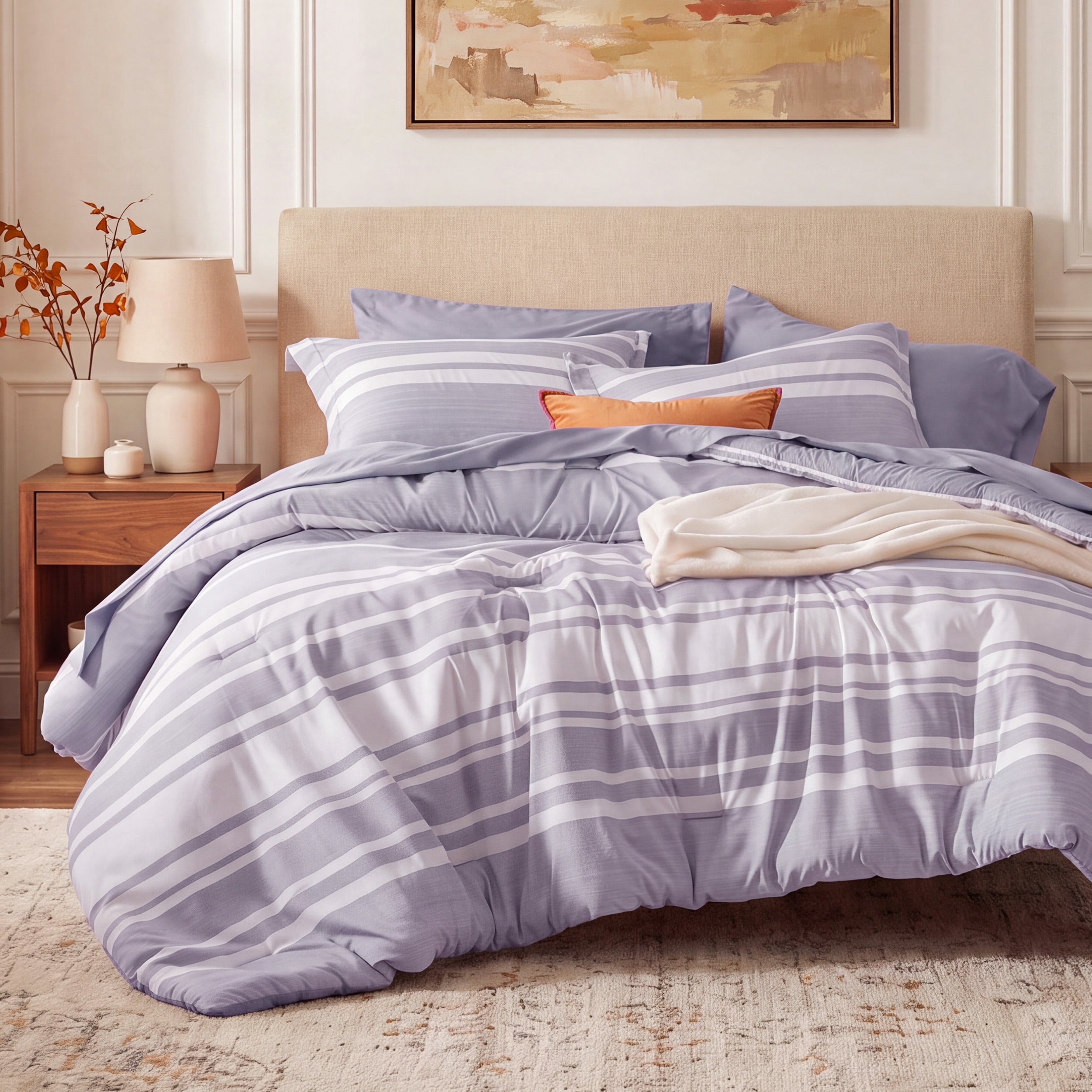 U Bedsure U by Bedsure King Comforter Set Purple, 7 Pieces Reversible Bed in a Bag, Striped Bedding Set, All-Season