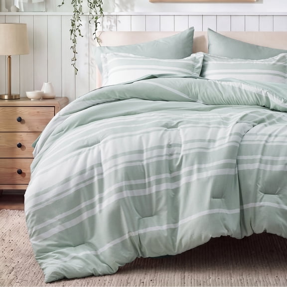 U by Bedsure King Comforter Set Sage Green, 7 Pieces Reversible Bed in a Bag, Striped Bedding Set, All-Season