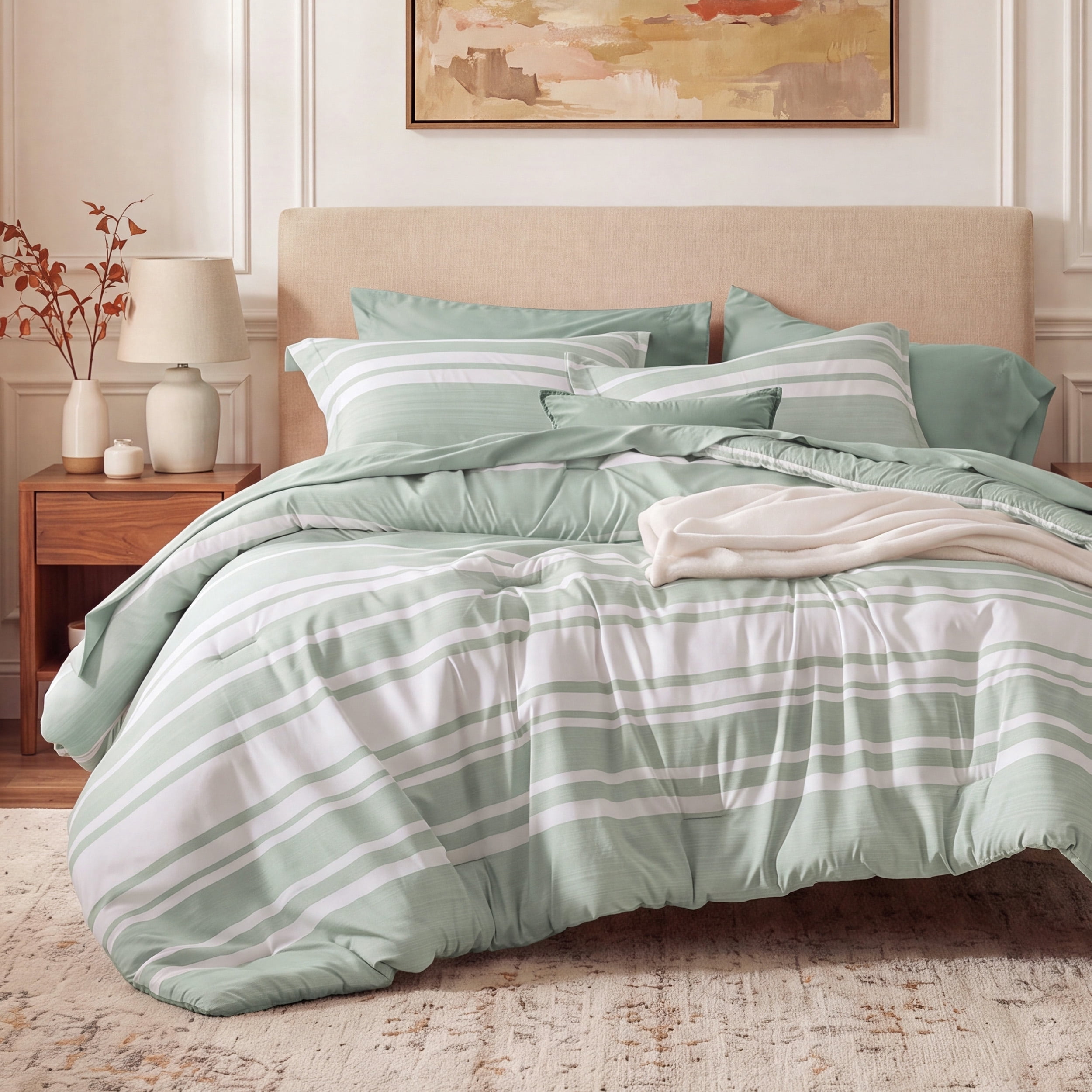 U Bedsure U by Bedsure King Comforter Set Sage Green, 7 Pieces Reversible Bed in a Bag, Striped Bedding Set, All-Season