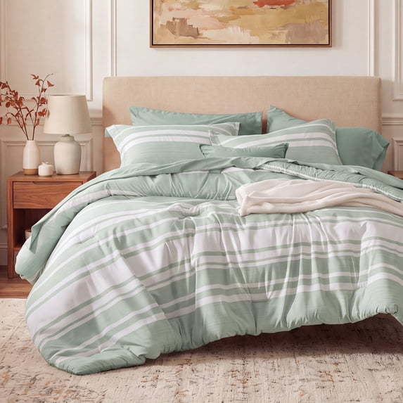 U by Bedsure King Comforter Set Sage Green, 7 Pieces Reversible Bed in a Bag, Striped Bedding Set, All-Season