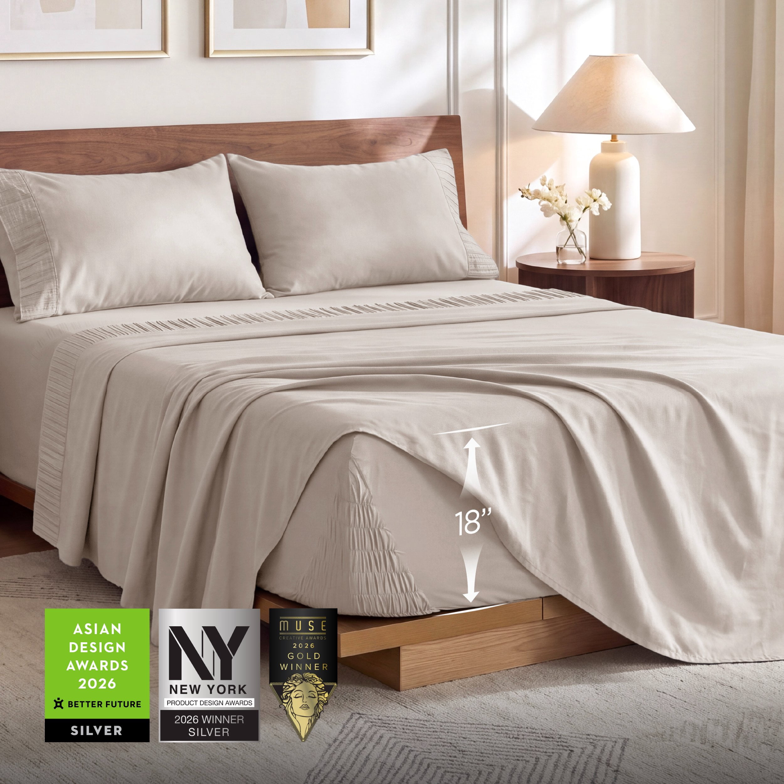U Bedsure U by Bedsure Stay Put King Sheet Sets, 4 Piece 18" Deep Pockets Non-Slip Polyester Microfiber Bed Sheets, Beige