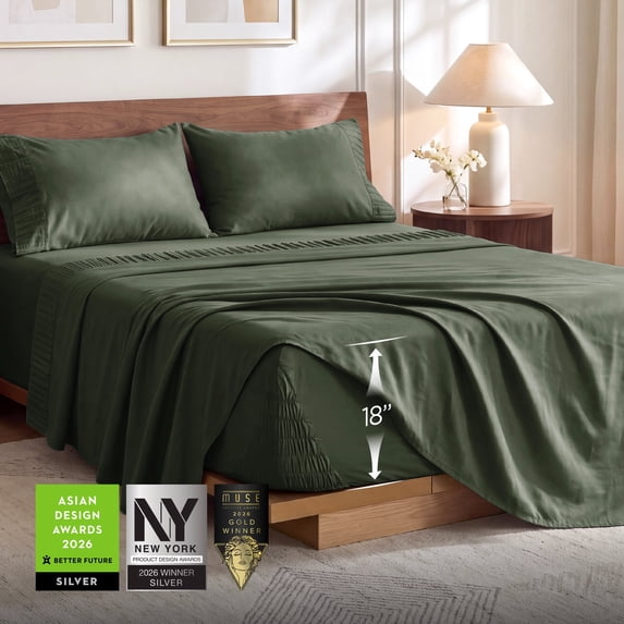 U by Bedsure Stay Put King Sheet Sets, 4 Piece 18" Deep Pockets Non-Slip Polyester Microfiber Bed Sheets, Olive Green