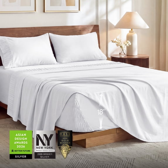 U by Bedsure Stay Put King Sheet Sets, 4 Piece 18" Deep Pockets Non-Slip Polyester Microfiber Bed Sheets, White