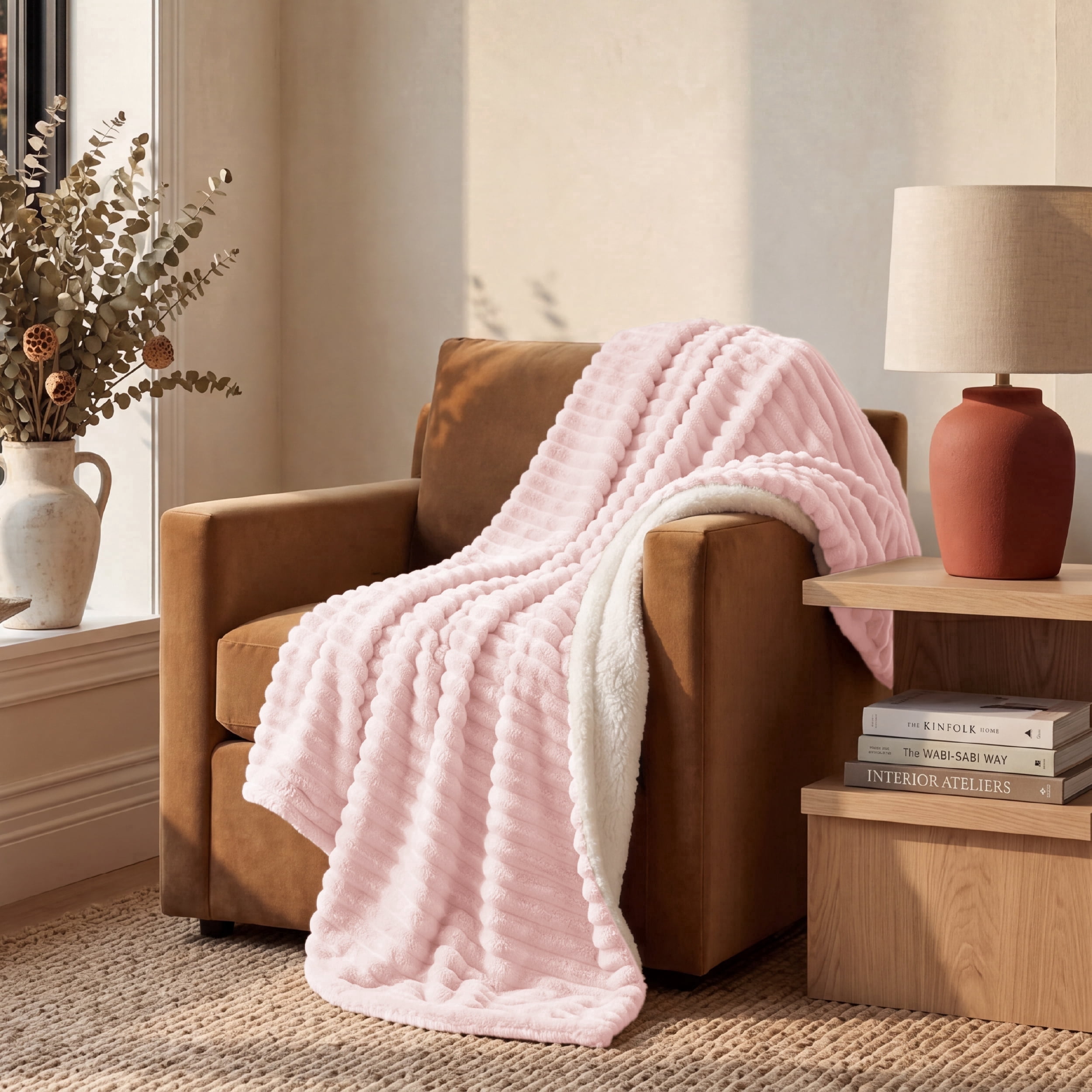 U Bedsure U by Bedsure Sherpa Throw Blanket 50x60, Textured Ribbed Fleece Throw for Couch, Soft Cozy Warm Throw for Bed and Sofa, Diamond Pink