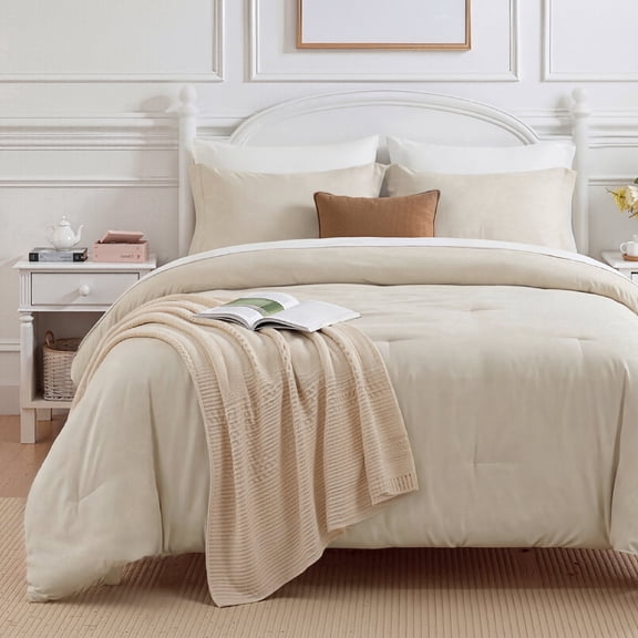 U by Bedsure Queen Comforter Set Beige, 7 Pieces Lightweight Queen Bedding Sets Boho with Comforter, Sheet, Pillowcase & Sham, Contrasting Design