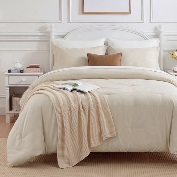 U by Bedsure Queen Comforter Set Beige, 7 Pieces Reversible Bed in a Bag, Boho Lightweight Bedding Set, Contrasting Design