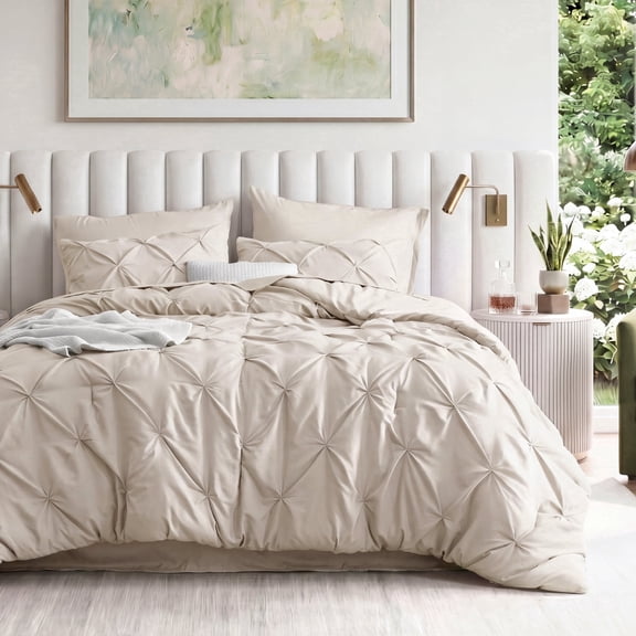 U by Bedsure Queen Comforter Set Beige, Bed in a Bag Queen Size Bedding, 7 Pieces Pinch Pleat All Season Comforter with Sheets, Pillowcases & Shams
