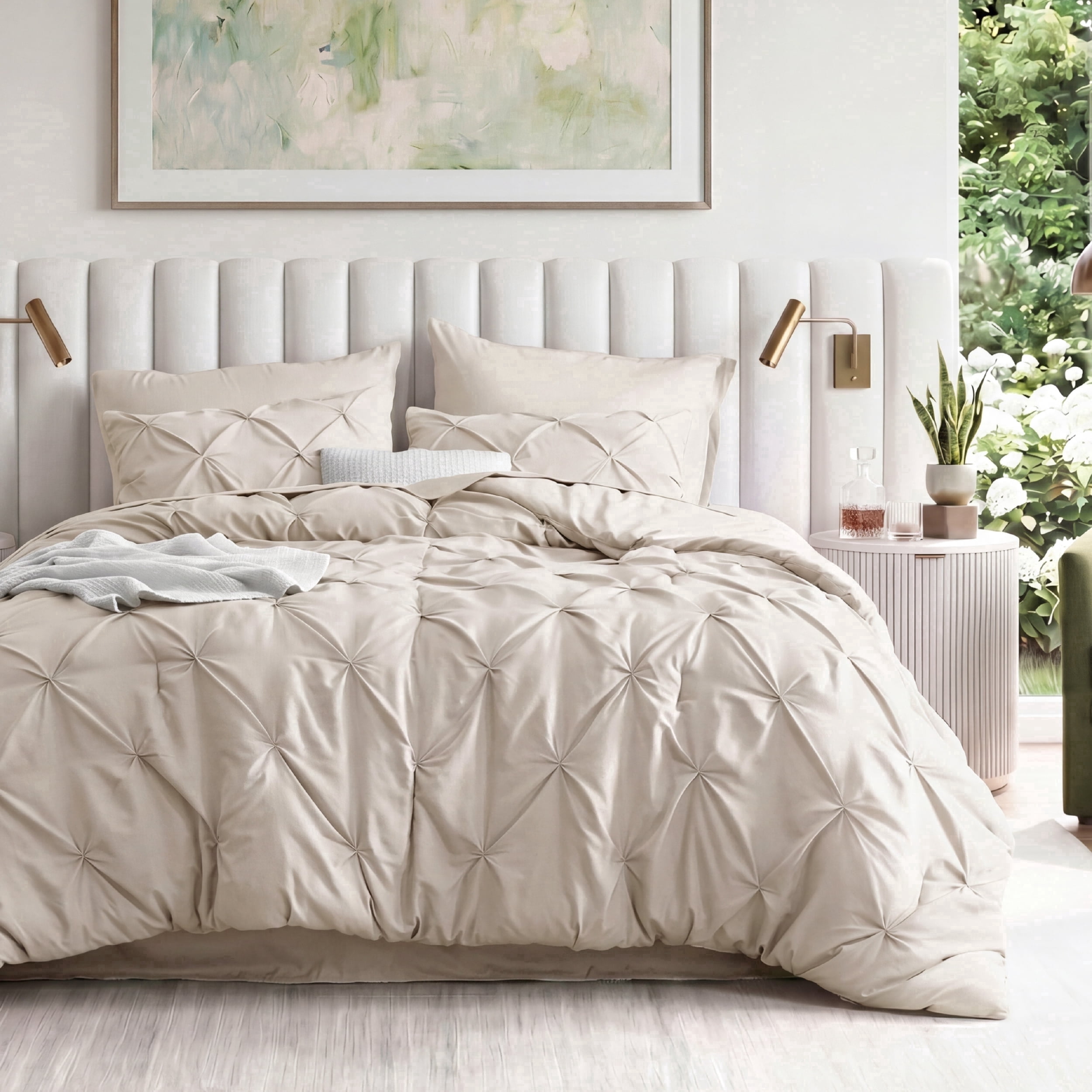 U Bedsure U by Bedsure Queen Comforter Set Beige, Bed in a Bag Queen Size Bedding, 7 Pieces Pinch Pleat All Season Comforter with Sheets, Pillowcases & Shams