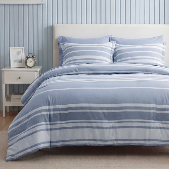 Queen Comforter Set Blue ,Bed in a Bag Queen Size Bedding 7-Pieces, Striped Bedding Set for All Seasons