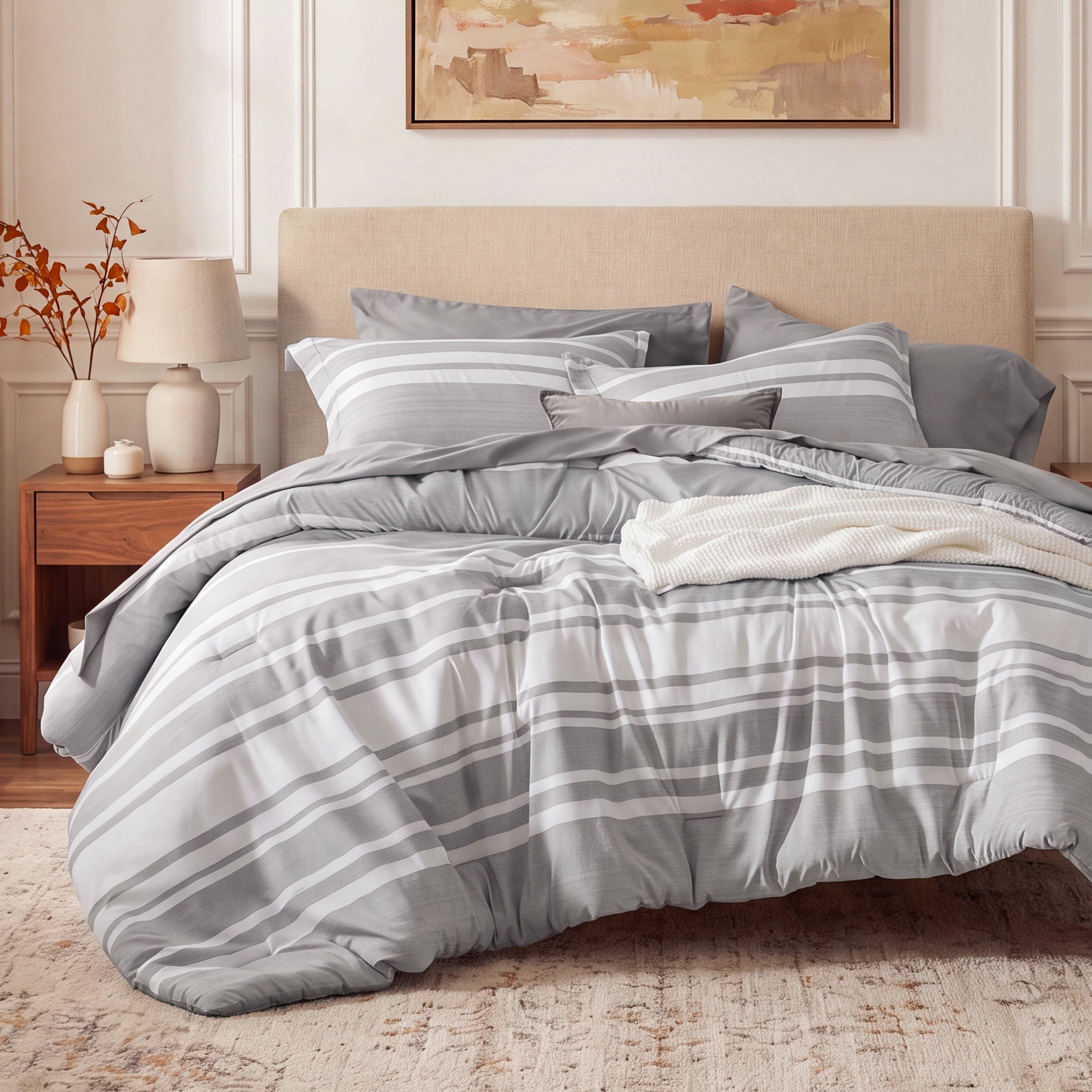 U Bedsure U by Bedsure Queen Comforter Set Gray, 7 Pieces Reversible Bed in a Bag, Striped Bedding Set, All-Season