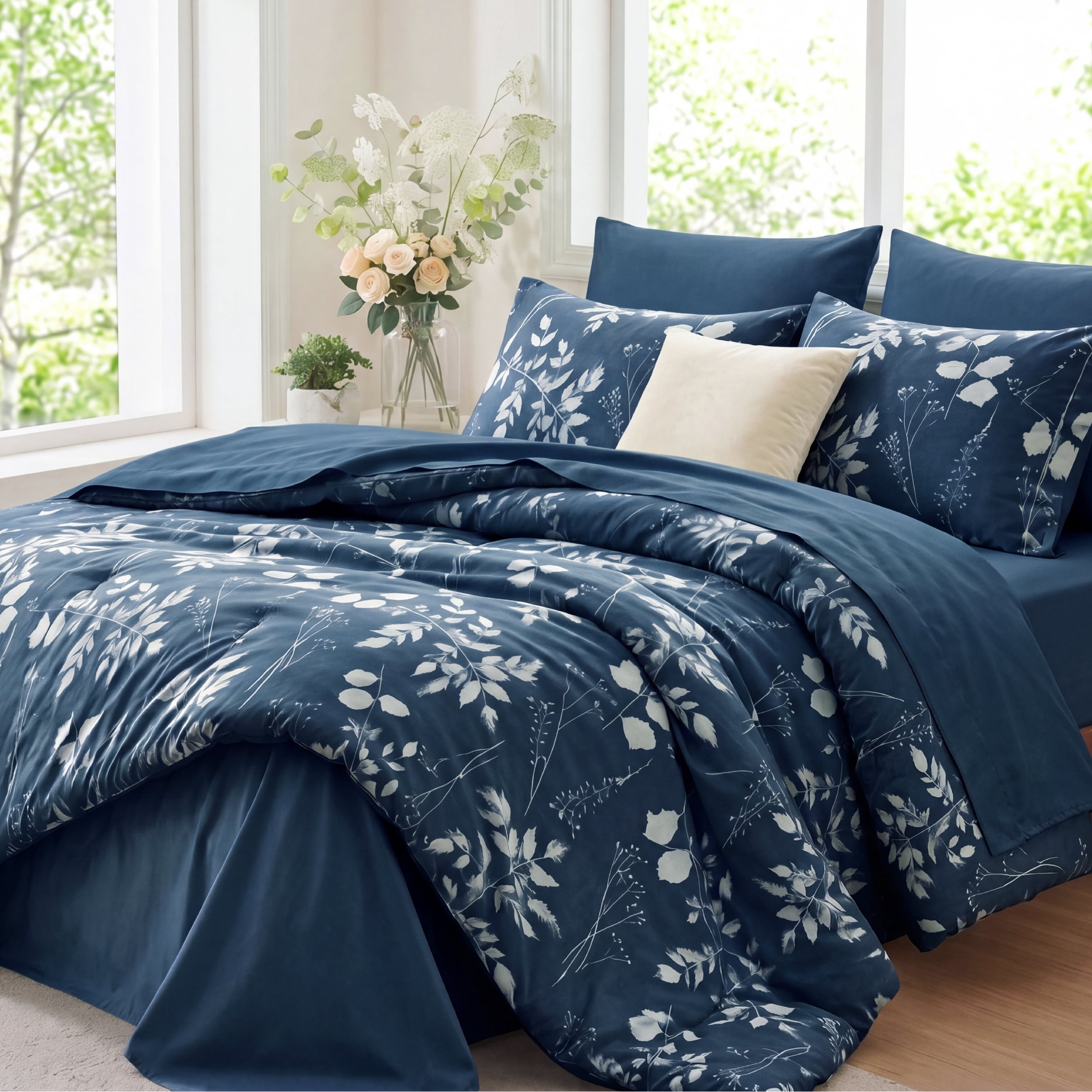 U by Bedsure Queen Comforter Set Navy, Bed in a Bag Queen Size Bedding, 7-Pieces Botanical Flowers Spring Comforter, Sheets, Pillowcases & Shams
