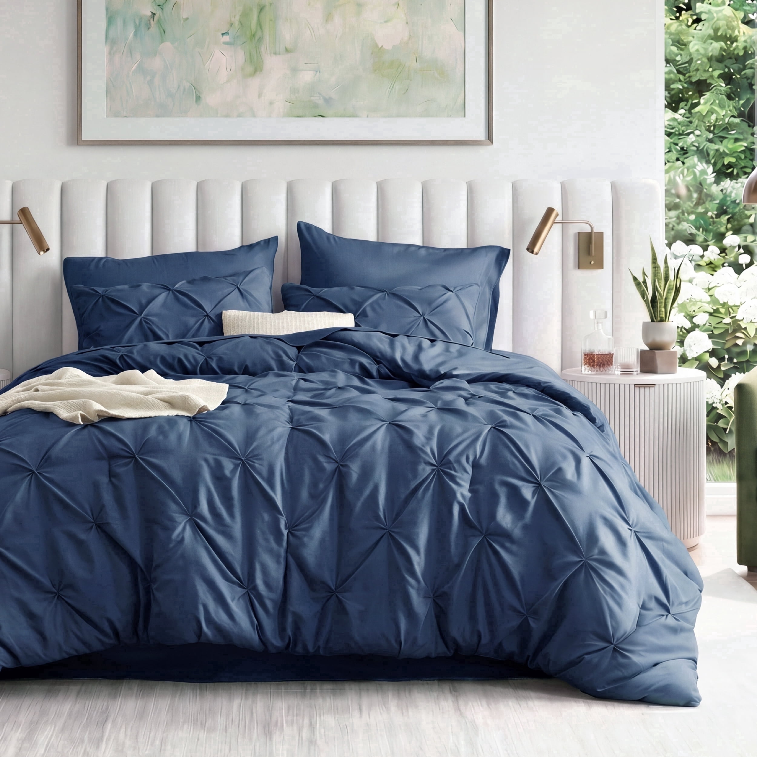 U Bedsure U by Bedsure Queen Comforter Set Navy, Bed in a Bag Queen Size Bedding, 7 Pieces Pinch Pleat All Season Comforter with Sheets, Pillowcases & Shams
