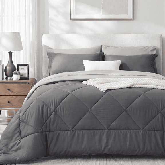 U by Bedsure Queen Comforter Set,7 Pieces Bed in a Bag, Reversible Lightweight Bedding Set, Gray
