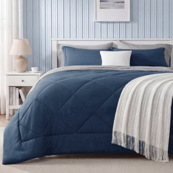 U by Bedsure Queen Comforter Set, 7 Pieces Bed in a Bag, Reversible Lightweight Bedding Set, Navy