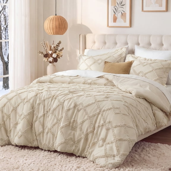 U by Bedsure Queen Size Comforter Set, Beige Tufted Embroidery Boho Farmhouse 3 Piece Bed Comforter Set, Soft Fluffy Geometric Pattern Bedding